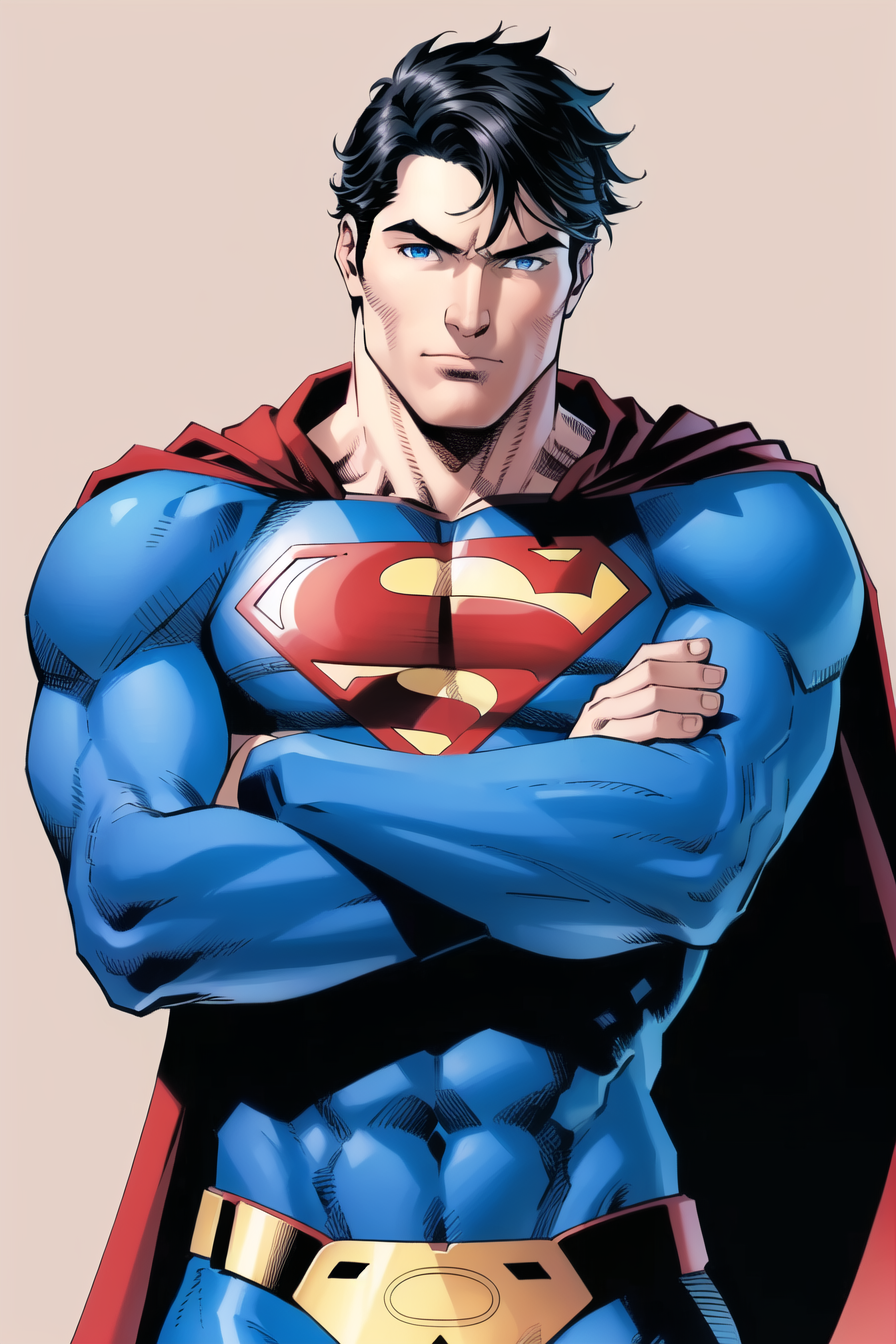 jim lee,

1boy, superman abs, bara, black hair, blue bodysuit, blue eyes, bodysuit, cape, closed mouth, crossed arms, larg...
